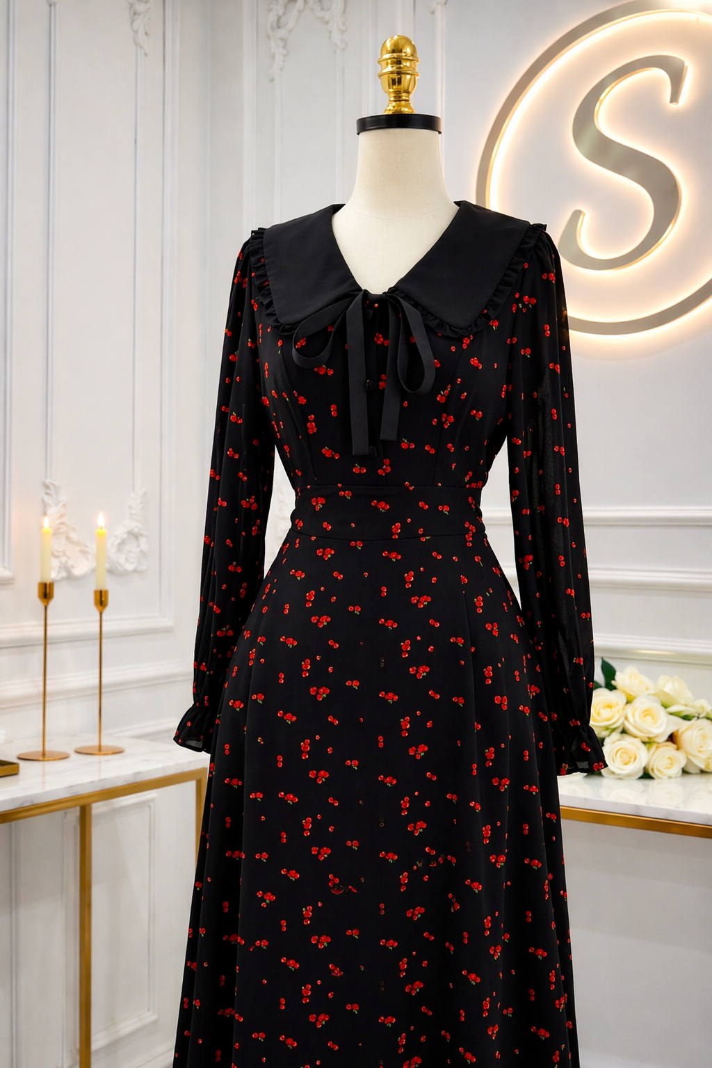 Robe noire longue à imprimé cerises au style romantique