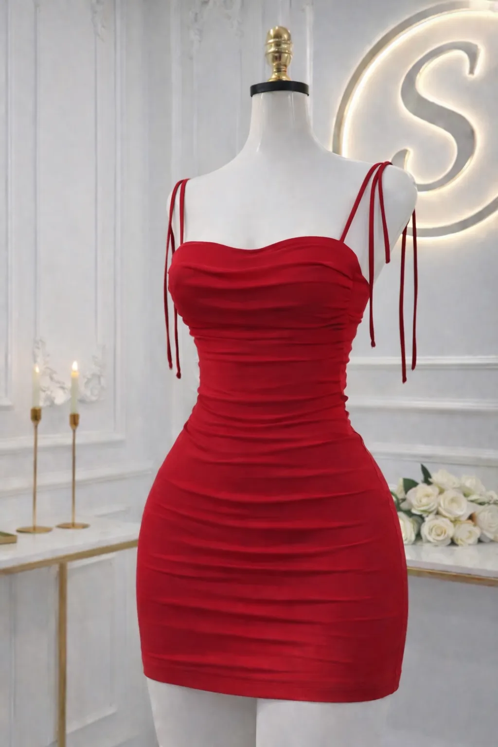 Robe rouge à buste plissé